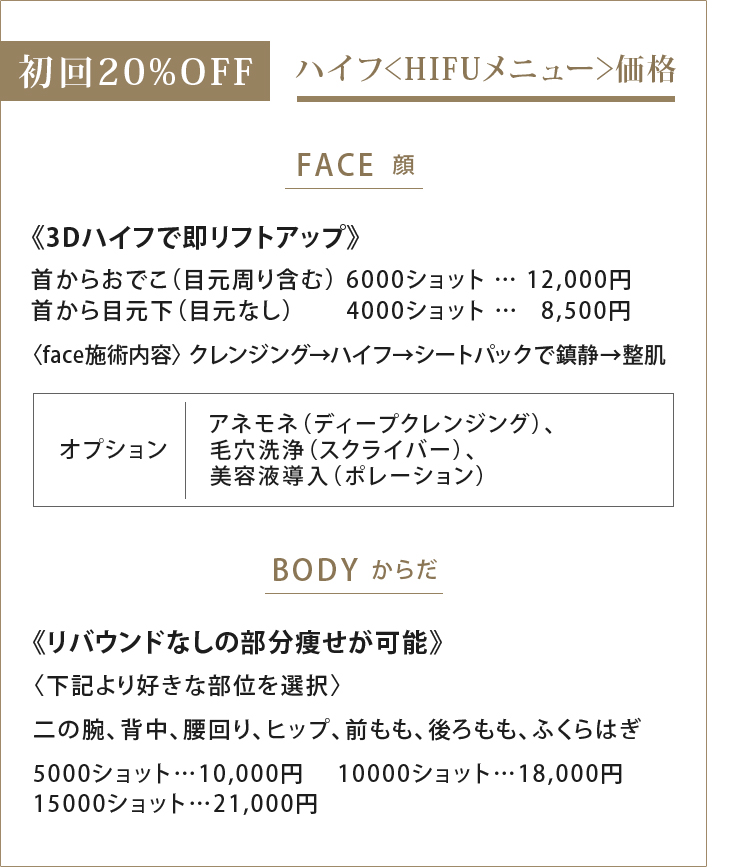 ハイフエステメニューの価格表